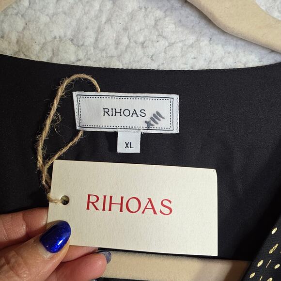 RIHOAS Black Gold Metallic Long Sleeve V Neck Midi Dress XL - Picture 2 of 16